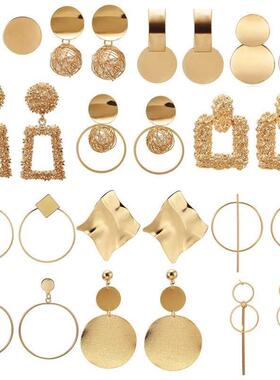 Women Big Geometric Statement Gold Metal Drop Earrings耳环女