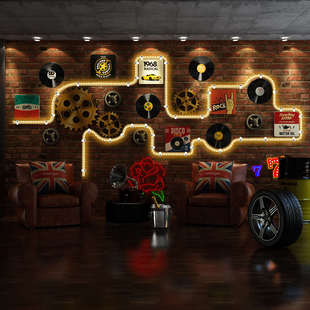 饰唱片餐饮店组合墙饰墙壁挂画 饰画LED灯发光装 LED014 复古大幅装