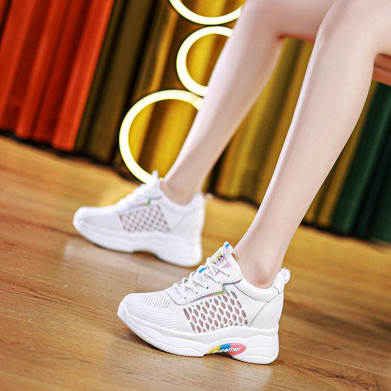 8cm网眼白色女鞋2025春季新楔形后跟厚底内增高小飞编织透气女鞋