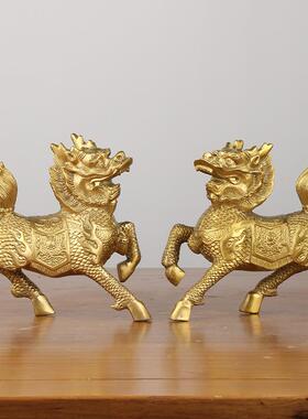 新款直销黄铜麒麟摆件火麒麟摆件一对财福麒麟家居桌面铜器工艺品