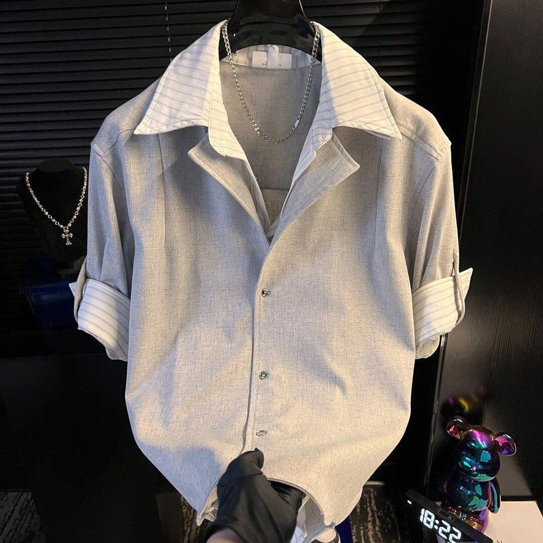 双领拼条纹假两件短袖衬衫男生夏季新款潮牌休闲百搭男装衬0819k