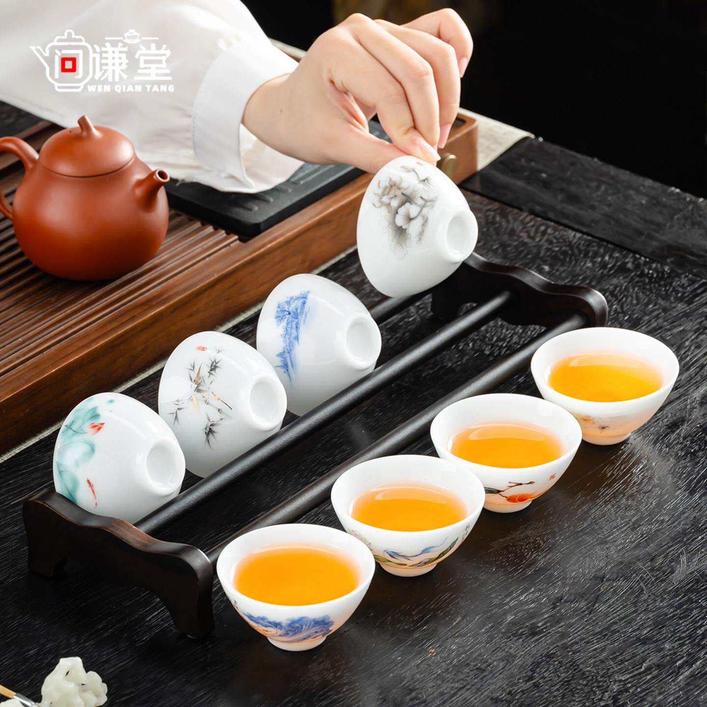 高端冰种玉白瓷功夫茶小茶杯套装8只品茗杯茶具茶碗斗笠杯带杯架