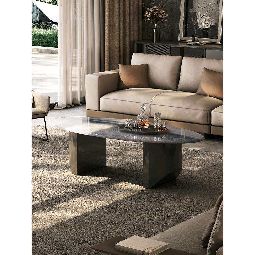 天然微晶石茶几椭圆形家用现代简约轻奢高端设计师大理石茶几桌