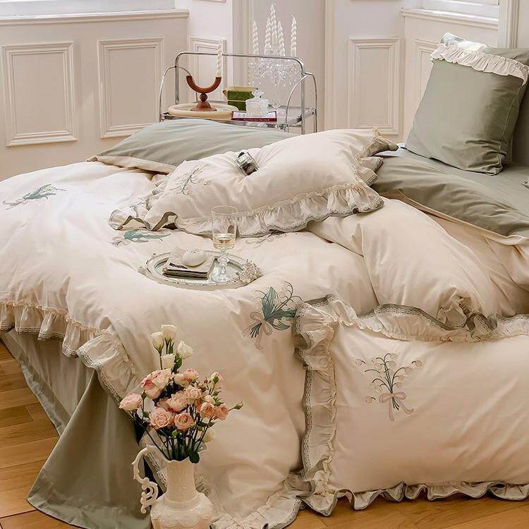 田园植物花卉四季款长绒棉全棉四件套刺绣荷叶边纯棉被套床上用品