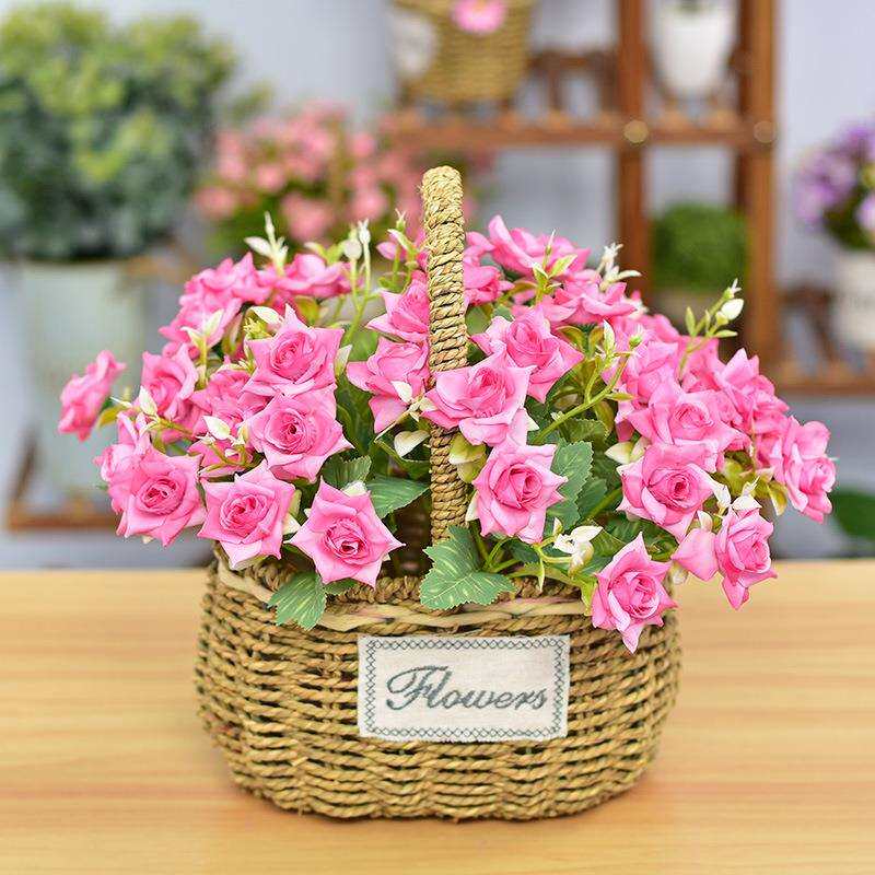 手工草编花篮手提编织篮田园风客厅装饰摆件插花篮假花仿真花套装