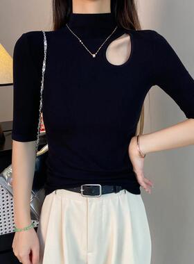 黑色螺纹半高领中袖t恤女春夏五分袖镂空打底衫内搭修身半袖上衣