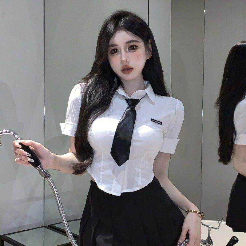 夏季短款衬衫女短袖学生制服纯欲紧身收腰白衬衣领带学院风上衣
