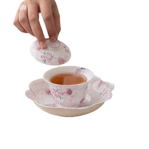 盖碗釉下彩手绘玫瑰花泡茶碗陶瓷功夫茶具家用女士单个敬茶碗盖碗