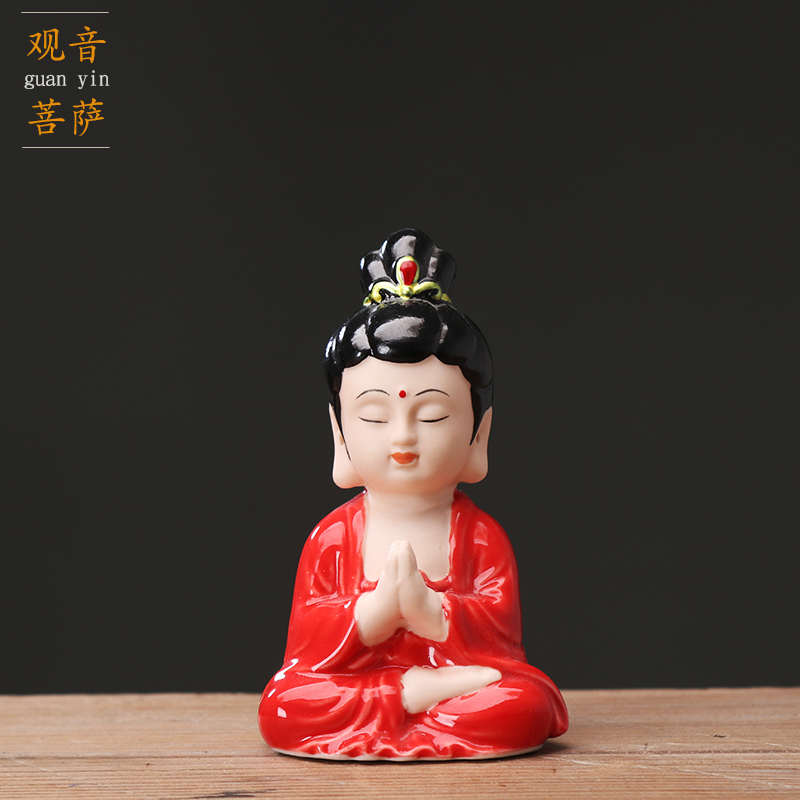 精品陶瓷小火彩观音如来佛像人物佛堂玄关中式摆件车载平安佛饰品