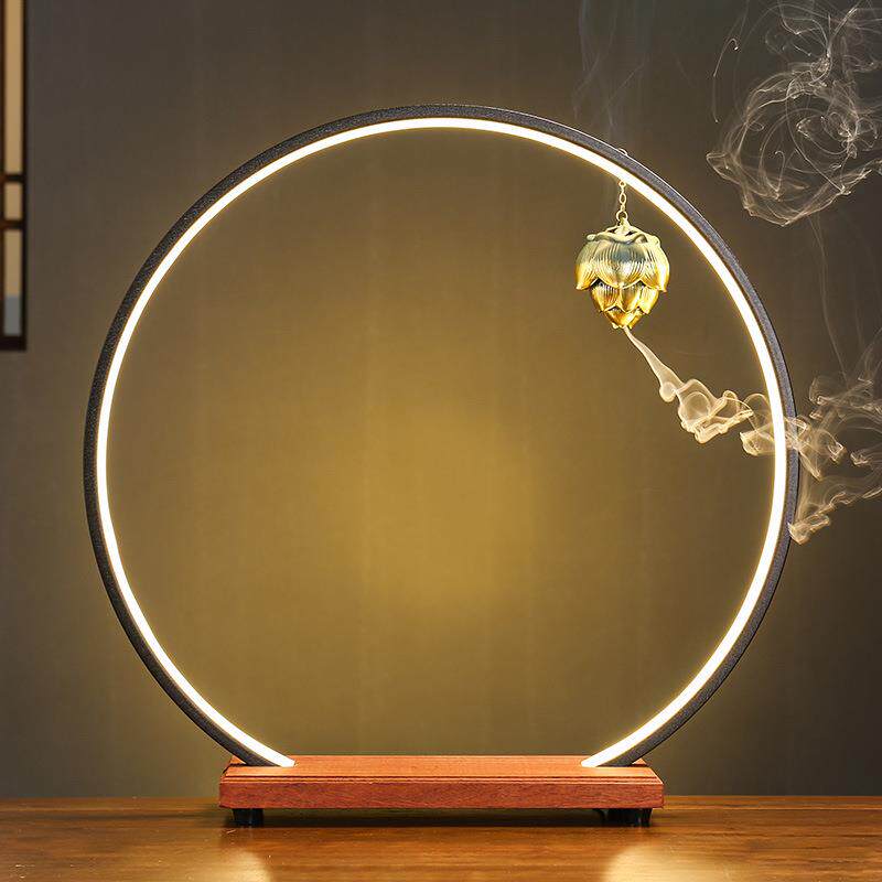 新中式居摆LED灯实木底座软装玄关电视柜圈装饰倒件流STE香家莲心