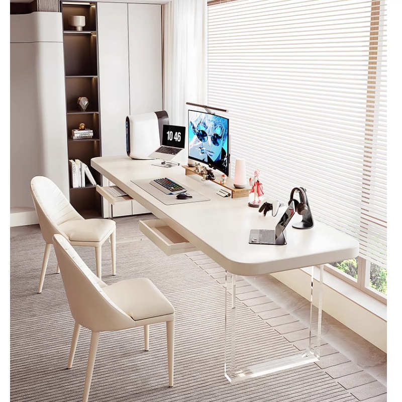 奶油风亚克力悬浮书桌现代简约办公电脑桌轻奢书房家用实木写字台