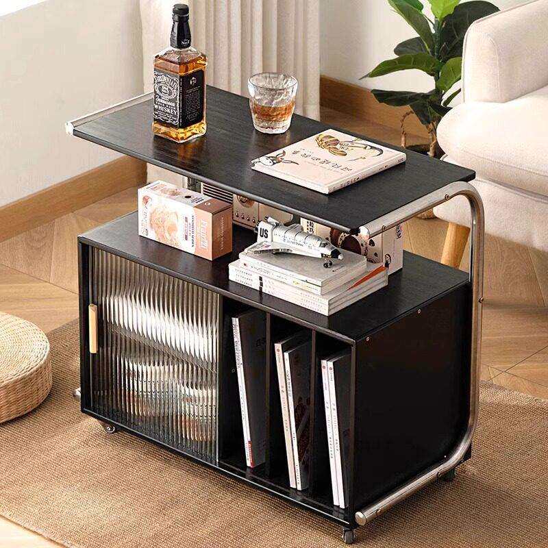 楠竹客厅沙发边几现简约带轮可移动带玻璃移门