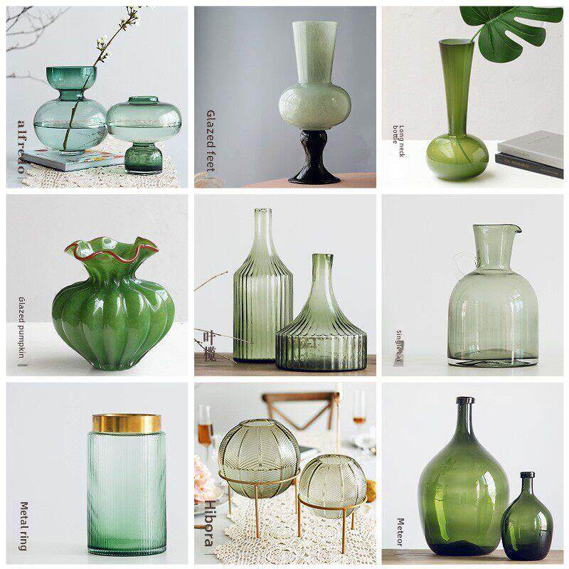 采购产品绿色玻璃花瓶,手工吹花花瓶,斯堪的纳维亚家庭装饰模型