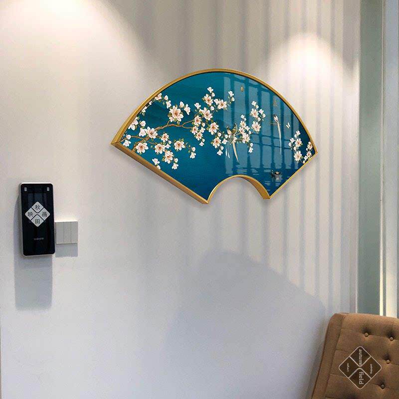 金春报喜新中式客厅玄关装饰画扇形轻奢晶瓷画卧室床头画餐厅挂画