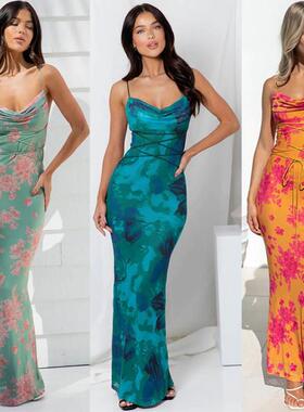 Women's backless lace up printed suspender dress