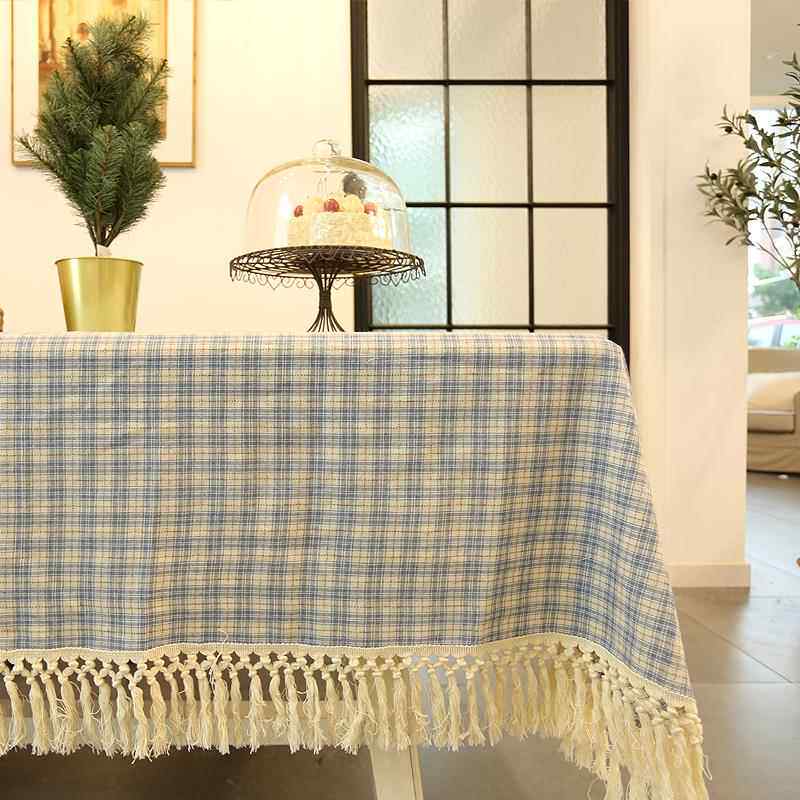 鸢尾乡旅乡村格子天蓝色长流苏桌布餐桌茶几布圆桌美式棉麻长方