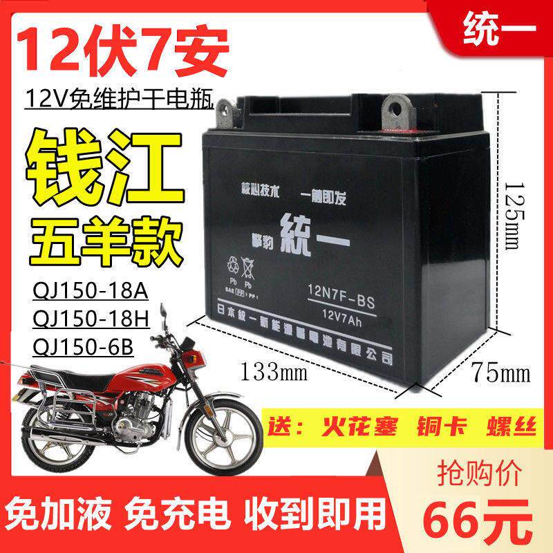 钱江五洋款QJ150-18A/H男士机车擎豹统一免维护电池12V7A干电瓶