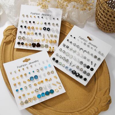 Earring Set 30 Pair Set跨境耳环套组金属珍珠镶钻30对装耳针女