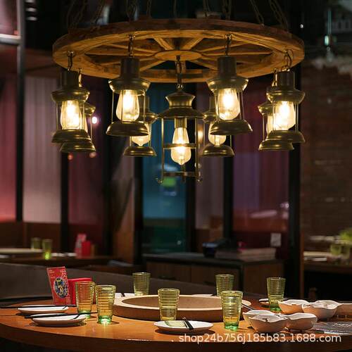 美式乡村复古吊灯工业风创意船木吧台装饰漫咖啡餐厅木头灯LOFT