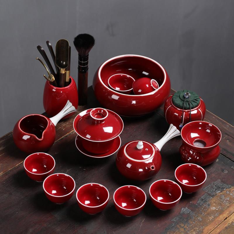 红色陶瓷婚庆礼品婚庆茶具功夫茶具家用中国茶壶盖碗茶杯茶道