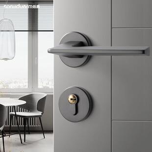 烁盾现代门锁室内卧室房门锁静音磁吸两件式 锁家用门把手黑灰木门