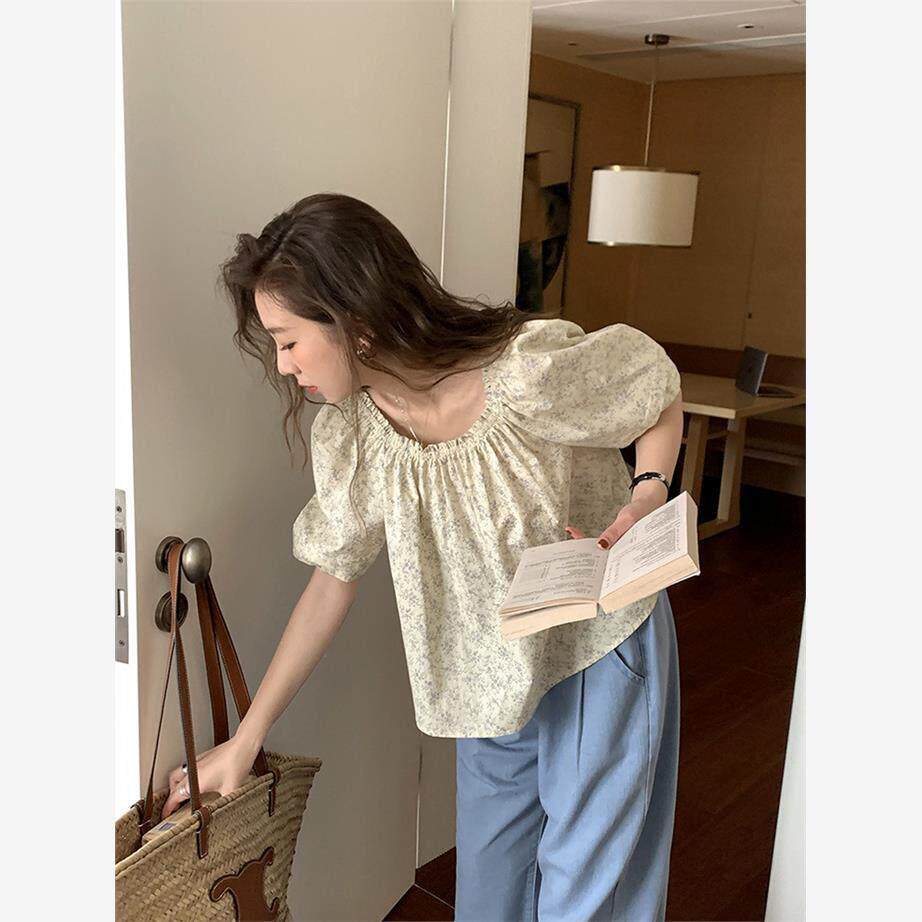 NextMary小清新方领碎花短袖衬衫女夏季设计感泡泡袖一字肩上衣
