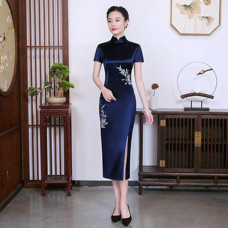 重工刺绣中式旗袍连衣裙大码妈妈旗袍
