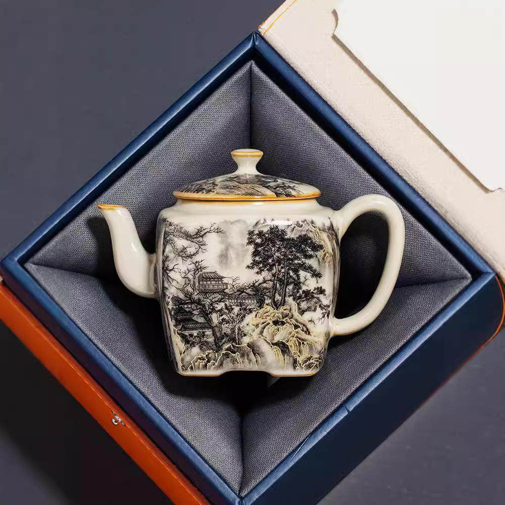 汝窑水墨山水汉方壶开片茶壶泡茶家用陶瓷茶壶单壶中式茶水壶