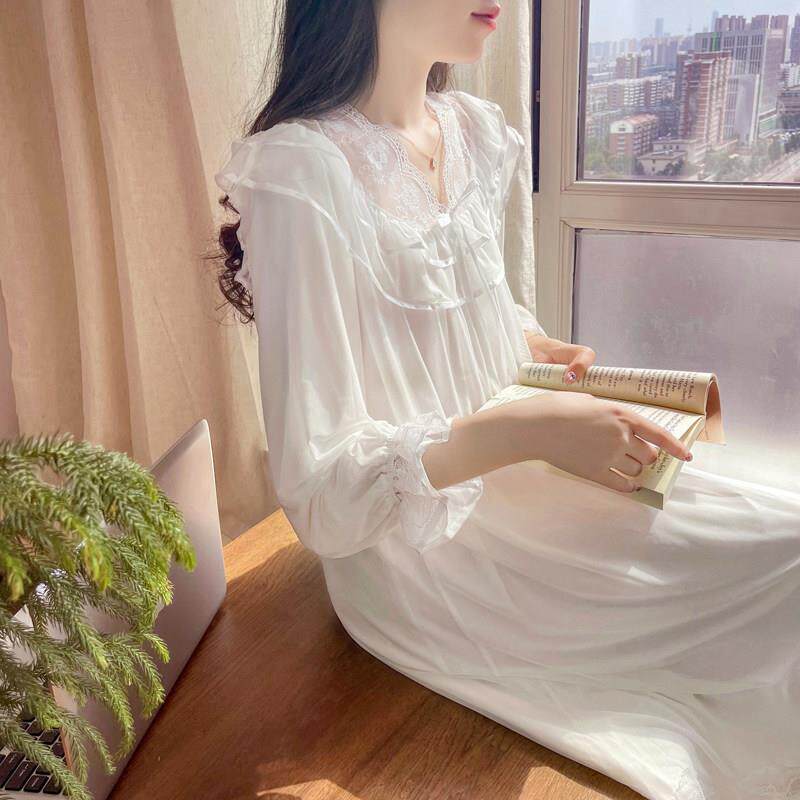 维多利亚莫代尔睡裙女薄款蕾丝花边公主宫廷长裙睡衣家居服带胸垫