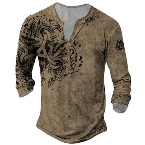 Men's seven button open placket T-shirt with graphic