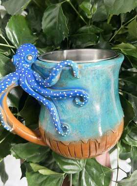 亚马逊新款Deep Blue Octopus Mug 家居深蓝色章鱼树脂马克咖啡杯