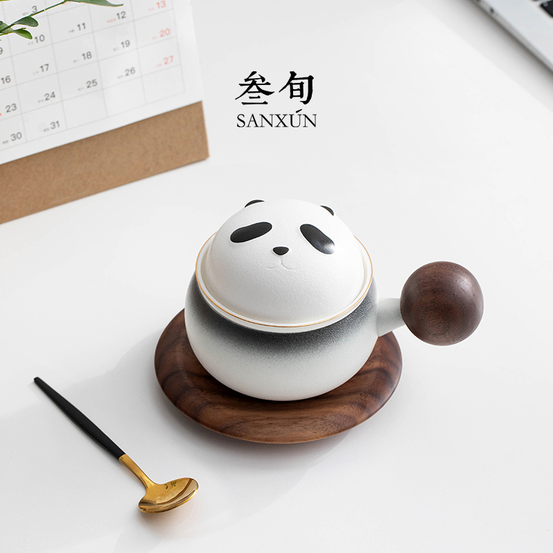 叁旬熊猫陶瓷茶咖马克杯茶水分离泡茶杯办公室咖啡杯可爱创意杯子