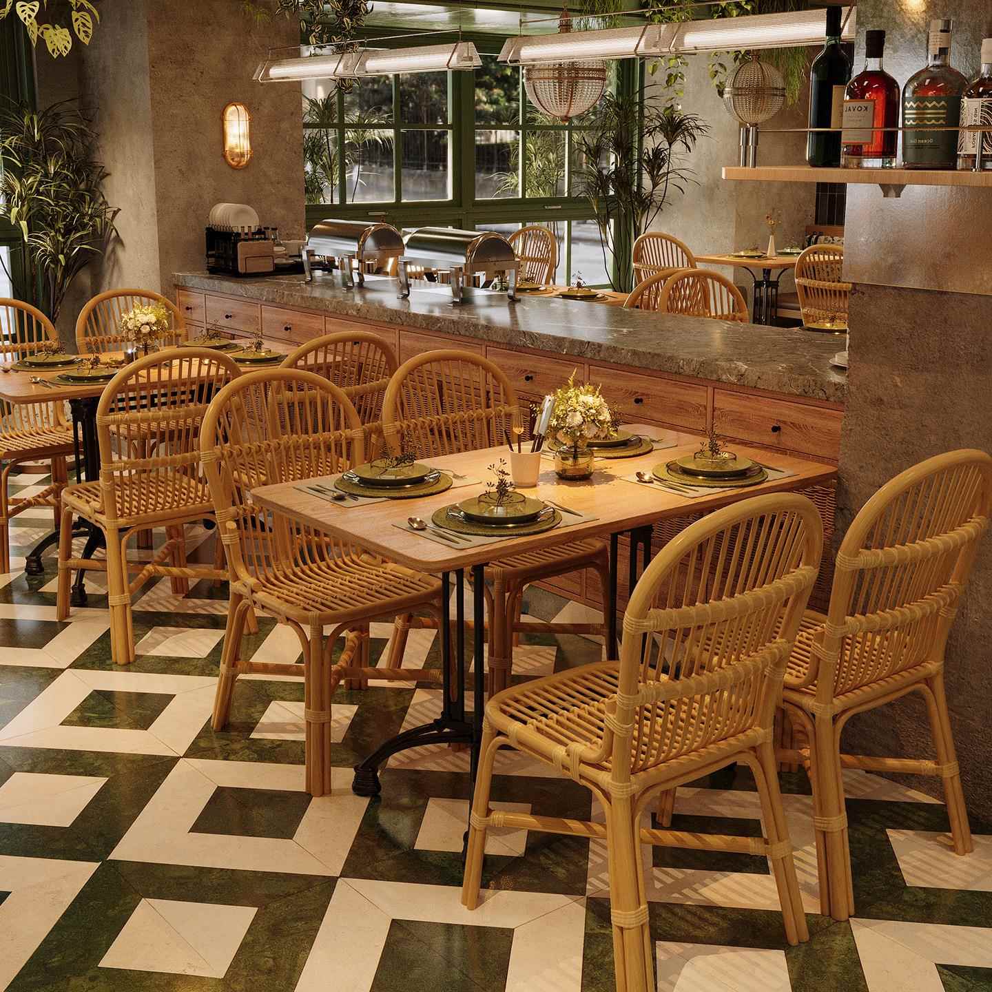 山野风西餐厅餐桌椅组合餐饮店饭店藤编椅子餐厅桌子商用茶楼卡座