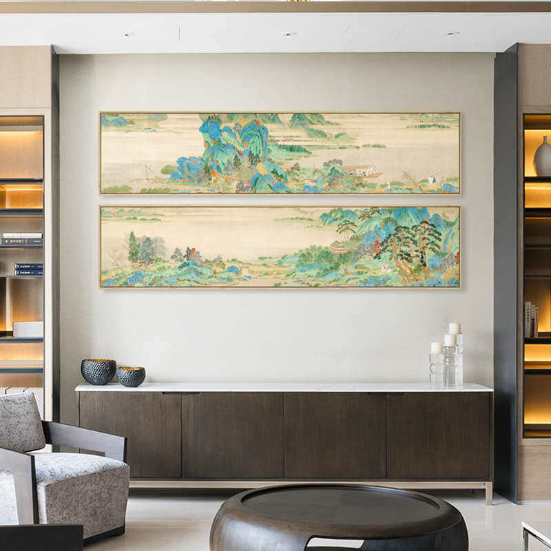 仇英浔阳送别图 新中式古典青绿山水国画酒店装饰画横幅挂画批发