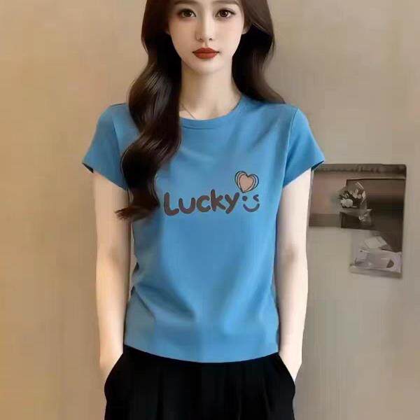 2026夏季巨好看的字母印花篮色短袖T恤女装新款纯棉百搭显瘦上衣