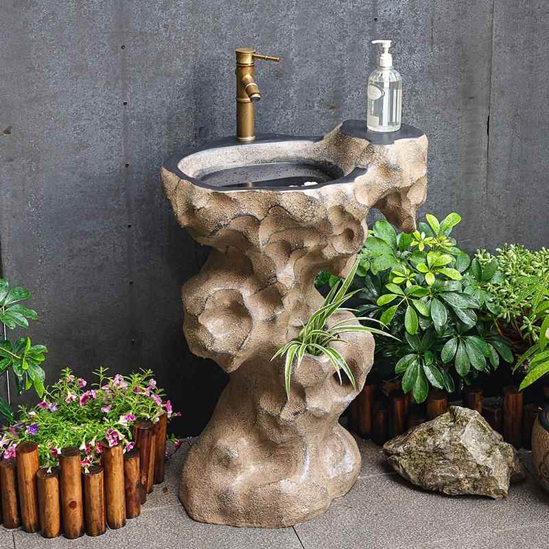 庭院花园户外洗手盆室外洗手池露台立柱一体落地洗脸盆彷石头台盆