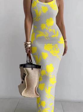 Women's Random Print Bodycon Dress  Elegant Sleeveless Long