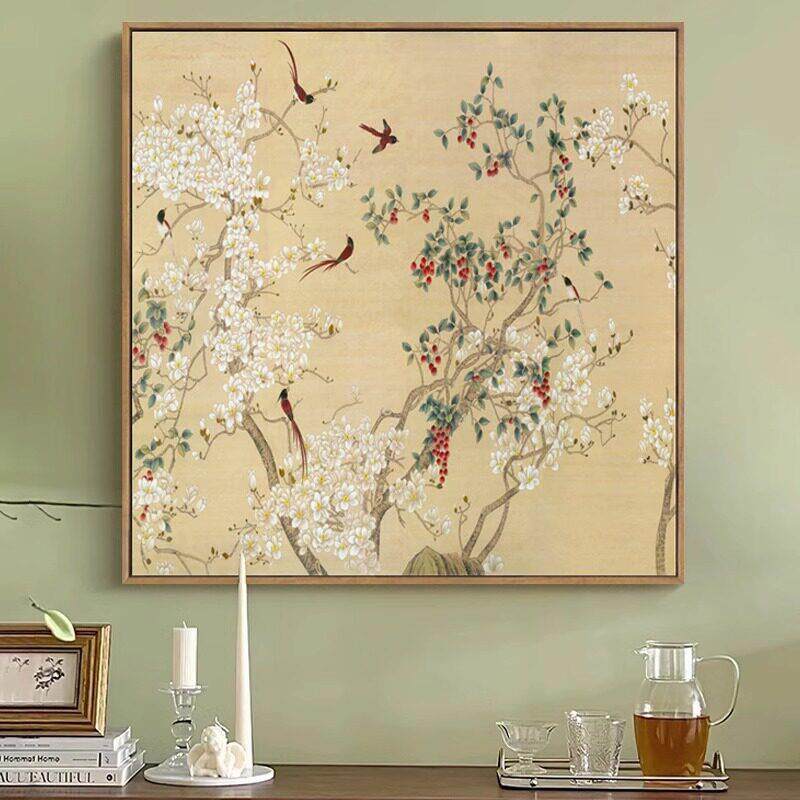 春色满园 新中式花鸟复古客厅挂画餐厅画玄关书房喜鹊玉兰花壁画
