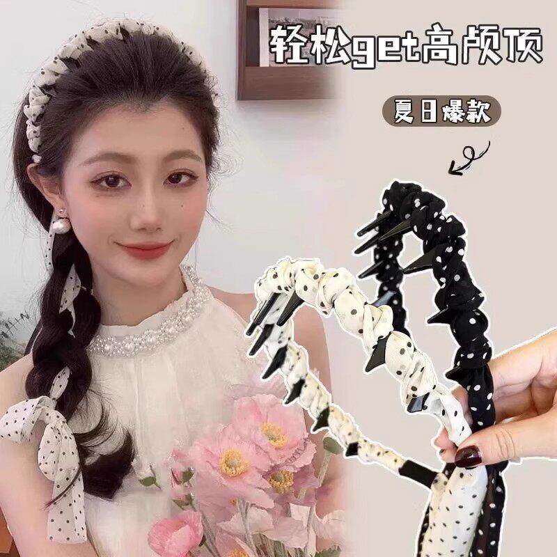 波点发带女2025年新款丝巾绑发夏季波点飘带发箍一体外戴系编发饰