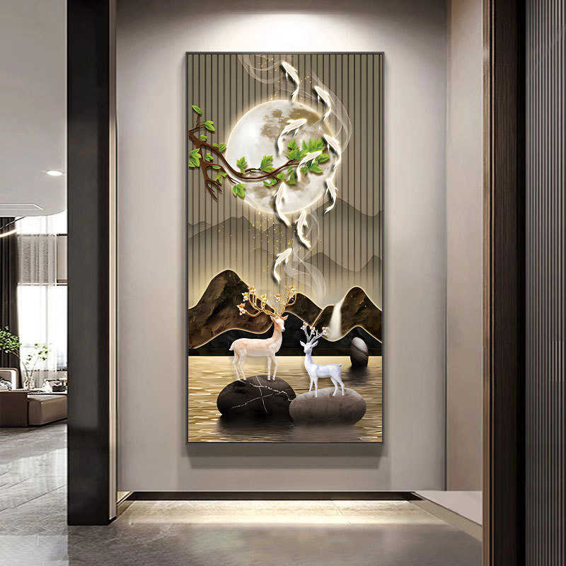 玄关装饰画高级感轻奢麋鹿金色树叶走廊过道挂画样板间软装挂画图片