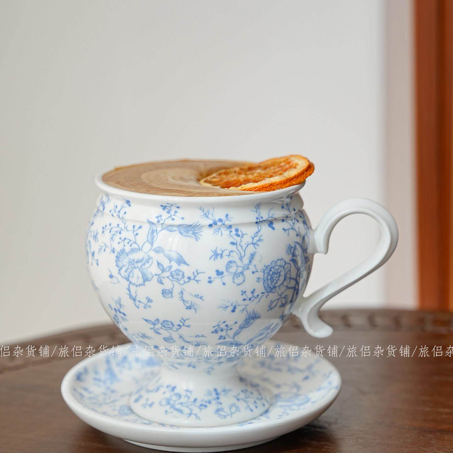 法式复古釉下彩蓝色藤蔓高脚大肚杯碟咖啡杯下午茶杯花茶杯中古