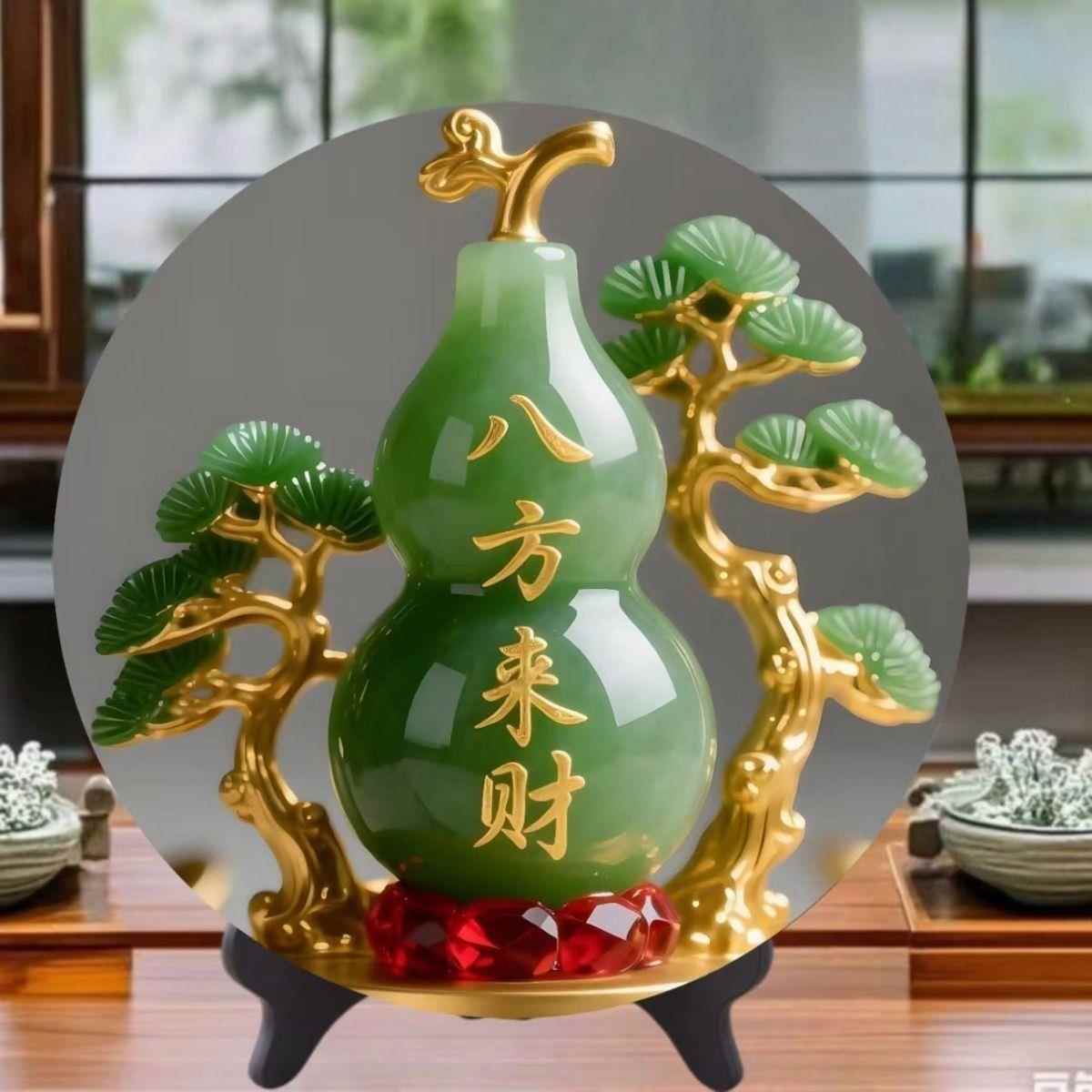 八方来财翡翠玉石葫芦木质画框摆件旺宅转运桌面玄关酒柜装饰摆件