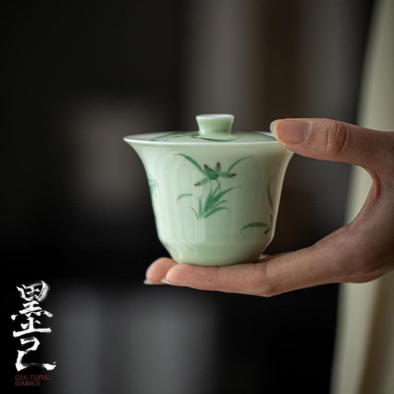 墨己 小苍翠手绘兰花盖碗 功夫茶具陶瓷泡茶碗 玉泥文人家用盖碗