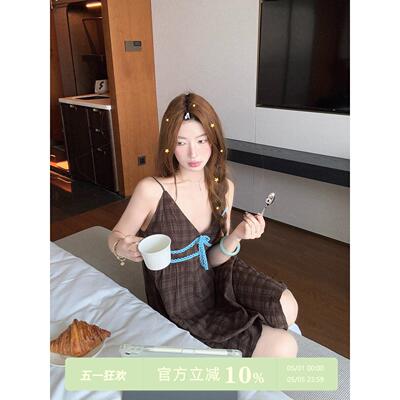 JoyceBra 甜美撞色蕾丝边格纹睡衣女夏季薄款透气吊带带胸垫睡裙