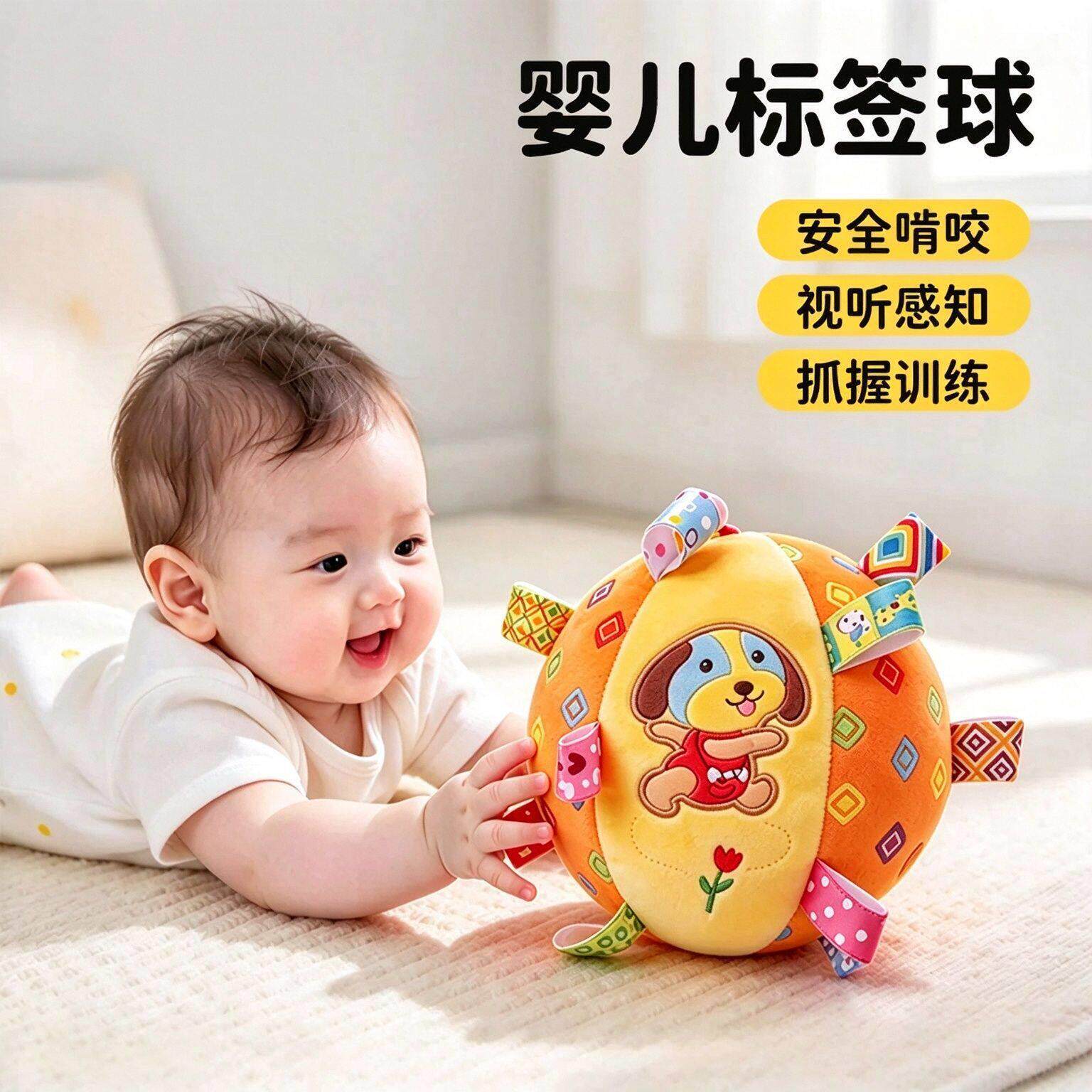 婴儿标签球毛绒手抓球早教感官训练响铃安抚玩具可啃咬布球