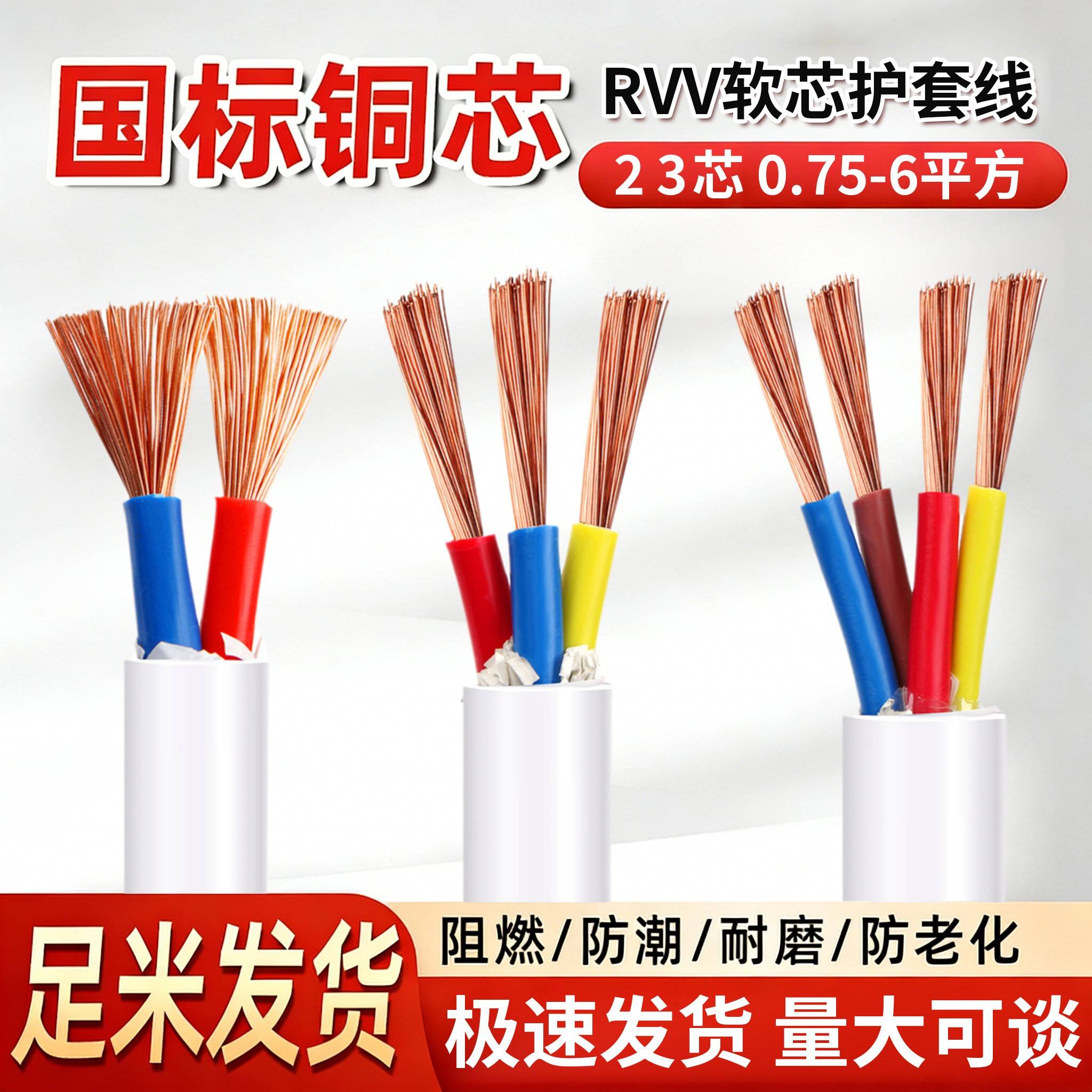 国标白色电缆线RVV电线2 3芯1 1.5 2.5 4 6平方家用软护套电源线