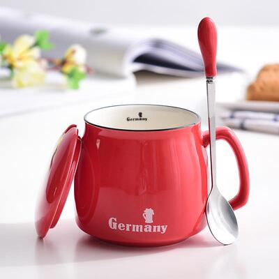 创意陶瓷大肚牛奶杯大容量家用燕麦片碗带盖勺早餐杯可微波炉加热