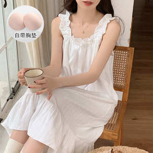 吊带纯棉睡裙女夏季 家居服 薄款 带胸垫纯欲风简约甜美蝴蝶结中长款