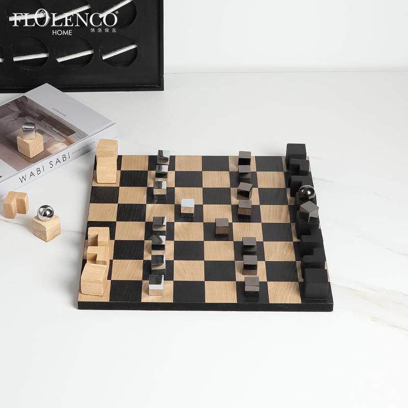 创意现代极简实木棋盘国际象棋摆件售楼处酒店桌面设计师软装饰品