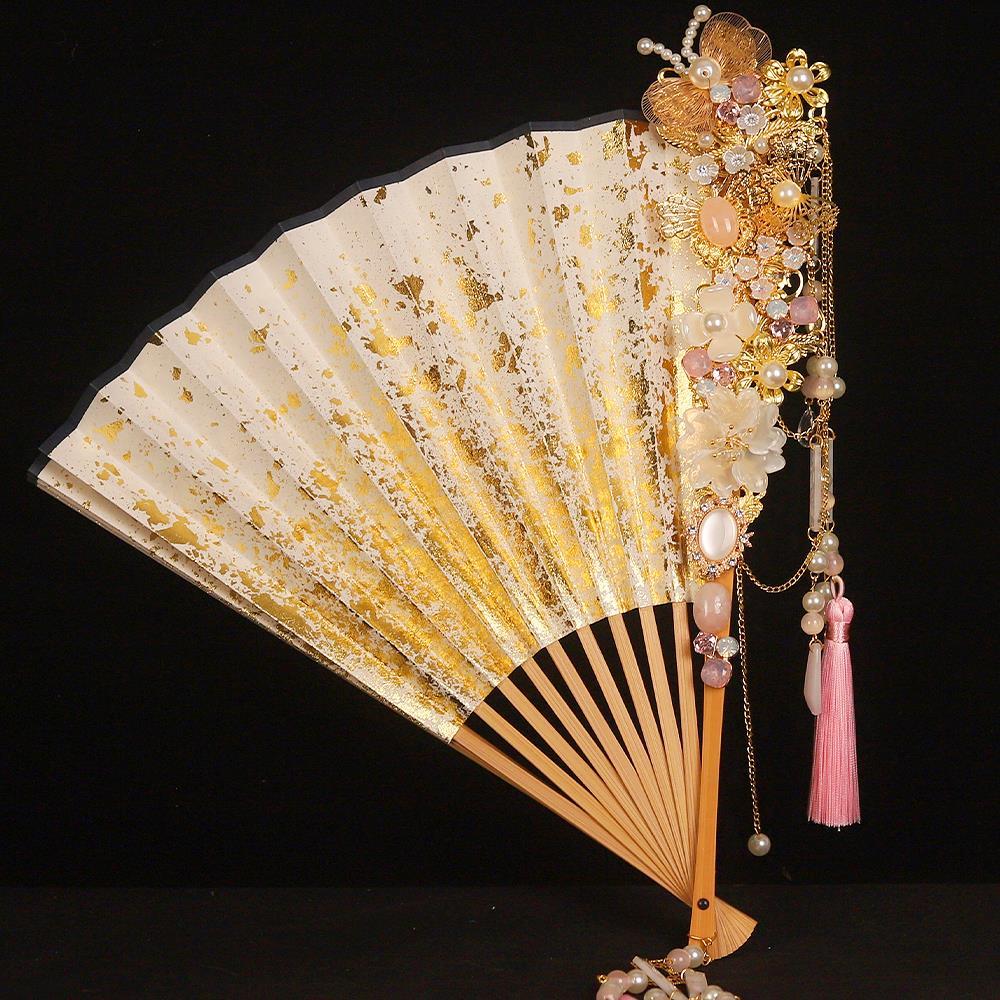 9寸复古风粉色洒金扇子折扇高级中国风男女汉服旗袍夏季合金竹扇